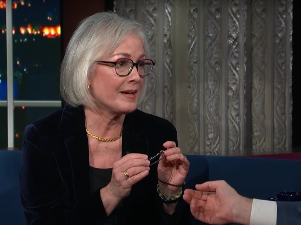 The former US ambassador to Ukraine, Marie Yovanovitch, wore a bracelet stating ‘f**k you Putin’ on The Late Show with Stephen Colbert (The Late Show with Stephen Colbert, CBS)