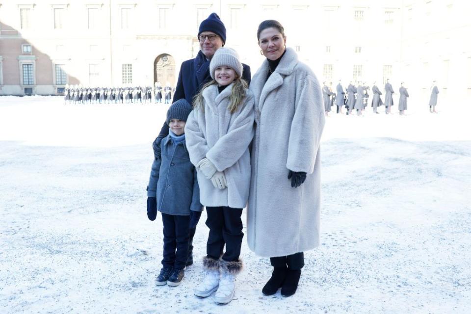 <p>Princess Victoria, along with her children Princess Estelle and Prince Oscar, and husband Prince Daniel, looked bundled up for her Name Day celebrations in Stockholm.</p>