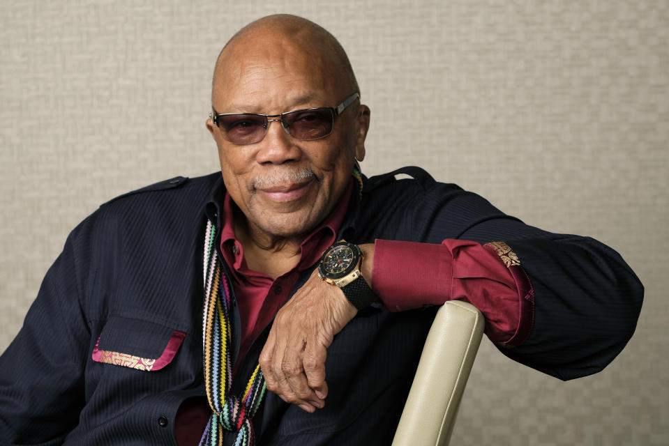 FILE - Music producer Quincy Jones poses for a portrait to promote his documentary "Quincy" during the Toronto Film Festival on Sept. 7, 2018, in Toronto. (Photo by Chris Pizzello/Invision/AP, File)