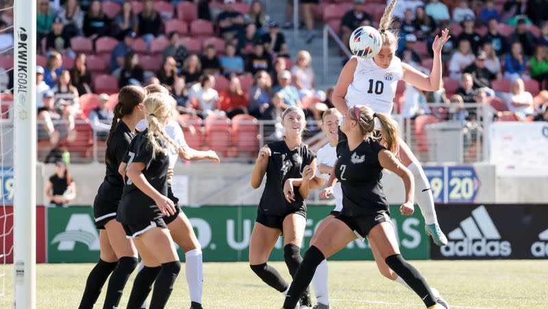 Davis’s Kayla Wade heads the ball in to score the only goal of the game during Davis’ win over Farmington in the 6A girls soccer state championship at Zions Bank Stadium in Herriman on Friday, Oct. 21, 2022.