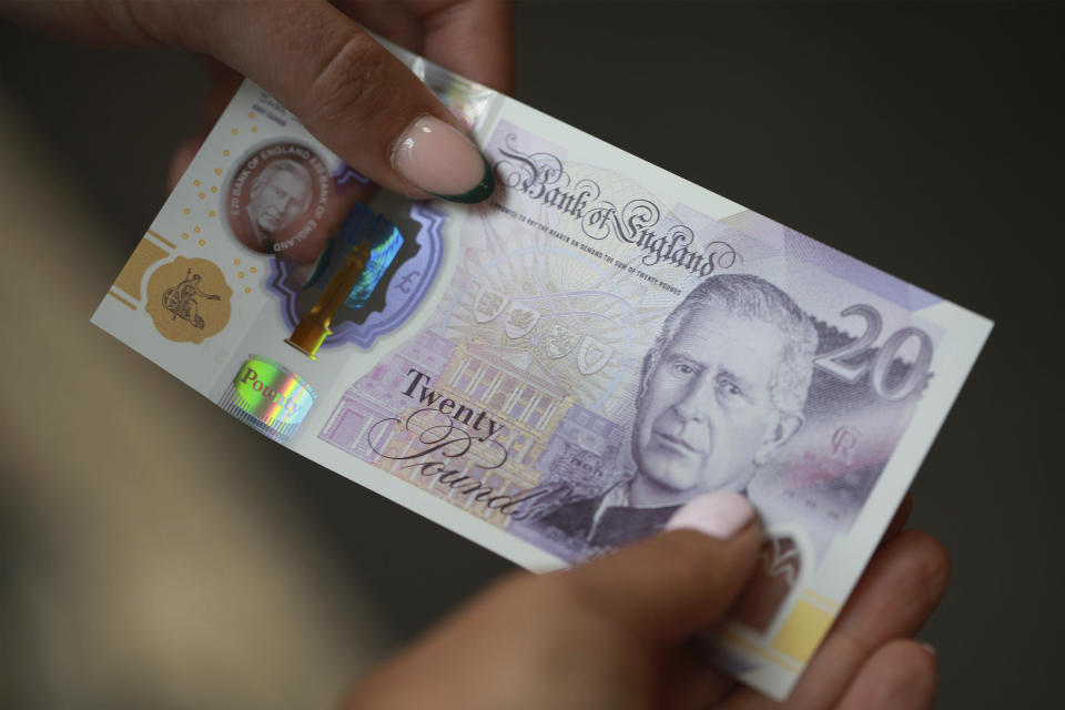 Undated handout photo issued by the Bank of England of the new banknotes carrying a portrait of King Charles III which will be issued for the first time on Wenesday, June 5, 2024. The portrait of the King will appear on existing designs of all four banknotes (£5, £10, £20 and £50), with no other changes to the existing designs. (Bank of England photo via AP)