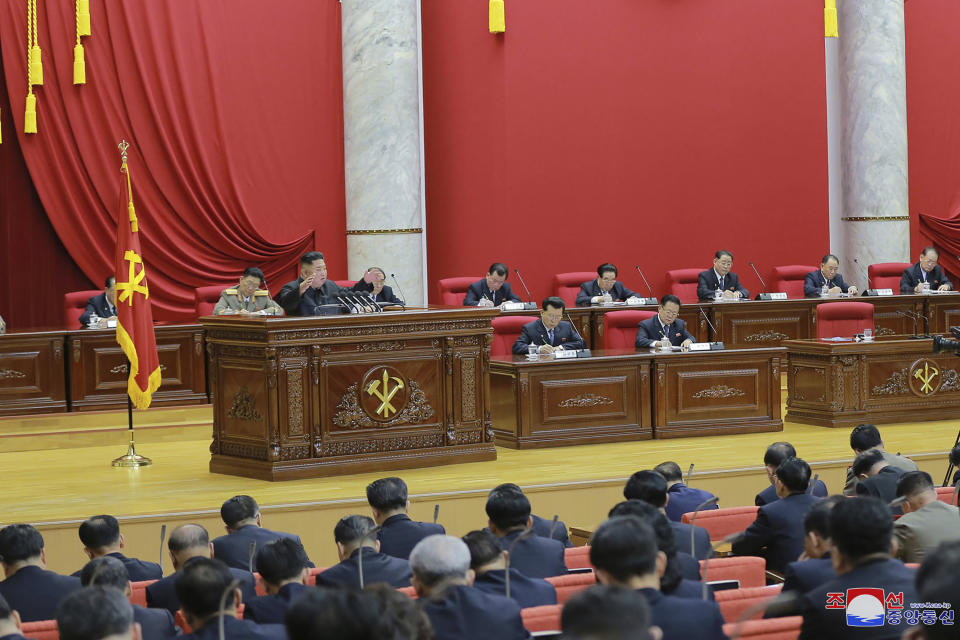 In this Saturday, Dec. 28, 2019, photo provided by the North Korean government, North Korean leader Kim Jong Un gestures while speaking during a Workers’ Party meeting in Pyongyang, North Korea. North Korea opened a high-profile political conference to discuss how to overcome “harsh trials and difficulties," state media reported Sunday, Dec. 29, 2019, days before a year-end deadline set by Pyongyang for Washington to make concessions in nuclear negotiations. Independent journalists were not given access to cover the event depicted in this image distributed by the North Korean government. The content of this image is as provided and cannot be independently verified. Korean language watermark on image as provided by source reads: "KCNA" which is the abbreviation for Korean Central News Agency. (Korean Central News Agency/Korea News Service via AP)