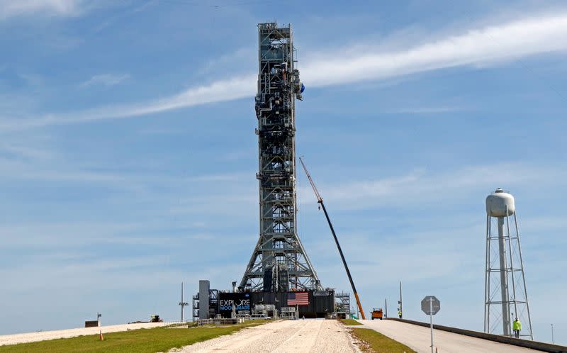 FILE PHOTO: NASA's Space Launch System mobile launcher stands atop Launch Pad 39B at the Kennedy Space Center in Cape Canaveral