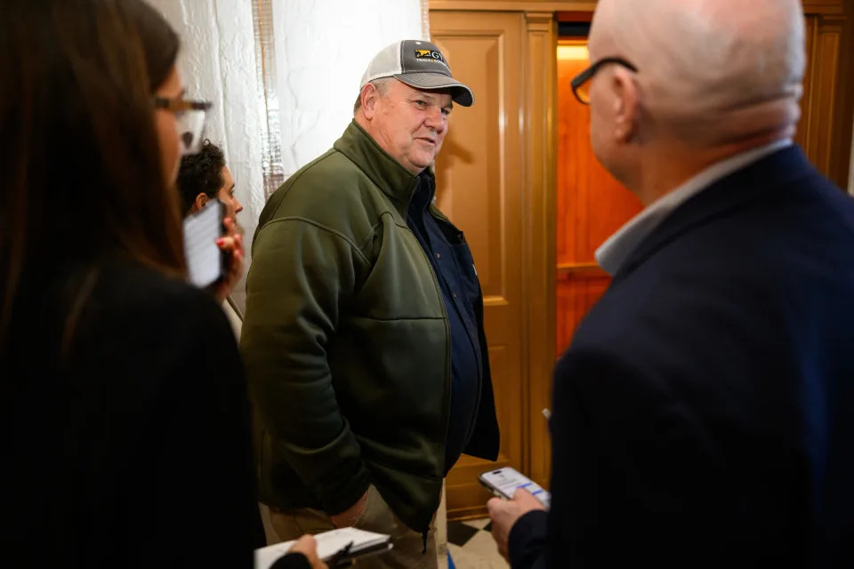 Senator Jon Tester, D-Mont., speaks to reporters outside of the Senate Chamber ahead of a vote on a foreign aid package at the US Capitol in Washington, DC, on April 23, 2024.