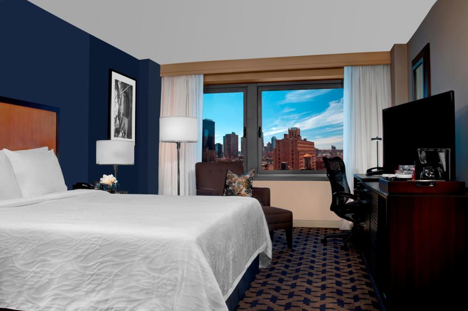 This room at the Hilton Garden Inn Times Square features a king-sized bed.