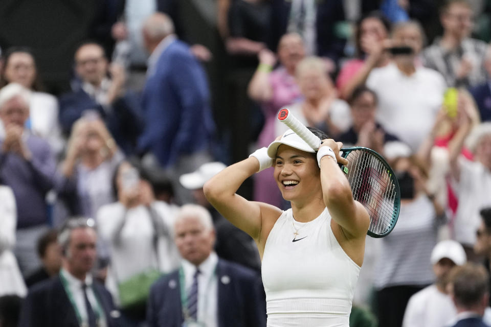 Emma Raducanu of Britain reacts after defeating Maria Sakkari of Greece in their third round match at the Wimbledon tennis championships in London, Friday, July 5, 2024. (AP Photo/Alberto Pezzali)