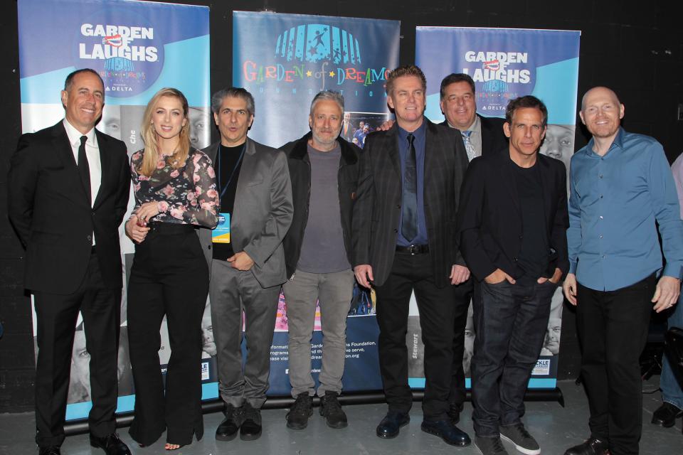 Jerry Seinfeld, Iliza Shlesinger, Michael Imperioli, Jon Stewart, Brian Regan, Steve Schirripa, Ben Stiller and Bill Burr at the 2019 Garden of Laughs fundraiser at the Hulu Theater at Madison Square Garden.