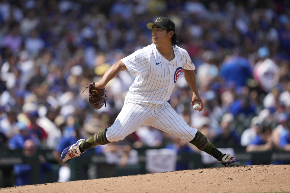 Chicago Cubs pitcher Shota Imanaga delivers during the fourth inning of a baseball game against the Pittsburgh Pirates, Saturday, May 18, 2024, in Chicago. (AP Photo/Charles Rex Arbogast)