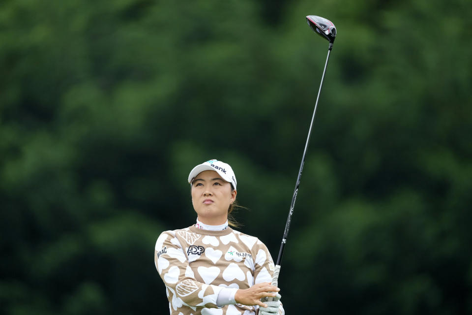 Minjee Lee, of Australia, tees off on the 14th hole during the second round of the Women's PGA Championship golf tournament, Friday, June 23, 2023, in Springfield, N.J. (AP Photo/Matt Rourke)