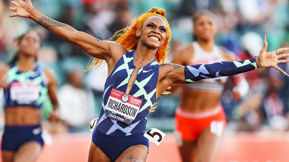 Sha'Carri Richardson, pictured here after winning the 100m at the US Olympic Track & Field trials. 