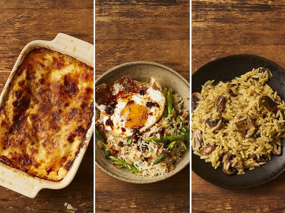 Legendary lasagne; asparagus fried rice with crispy chilli and egg; Miguel’s mushroom orzo (Supplied)