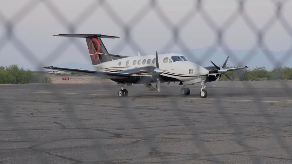 PHOTO: The plane that brought Sinaloa cartel co-founder Ismael 'El Mayo' Zambada and Joaquin Guzman Lopez to the U.S. is seen on the ground at Dona Ana Jetport, July 25, 2024, in Santa Teresa, N.M. (KVIA)