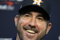 FILE - Houston Astros starting pitcher Justin Verlander speaks to media ahead of Game 1 of the baseball World Series between the Houston Astros and the Philadelphia Phillies on Thursday, Oct. 27, 2022, in Houston. Justin Verlander agreed to an $86.7 million, two-year contract with the New York Mets on Monday, Dec. 5, 2022, reuniting the AL Cy Young Award winner with Max Scherzer and giving the Mets a high-profile replacement for Jacob deGrom. (AP Photo/Eric Gay, File)