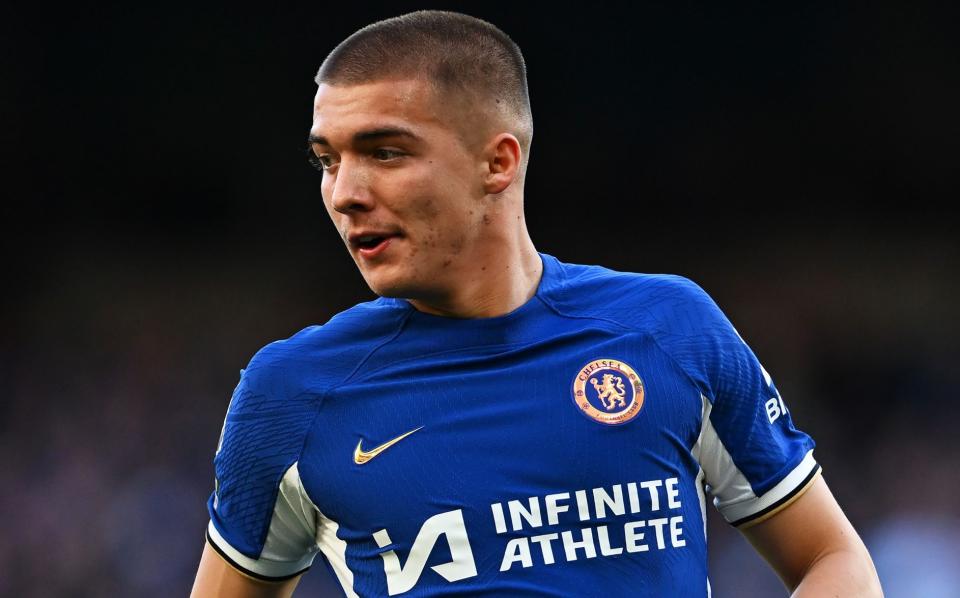 Alfie Gilchrist of Chelsea looks on during the Premier League match between Chelsea FC and Burnley FC at Stamford Bridge on March 30, 2024 in London, England