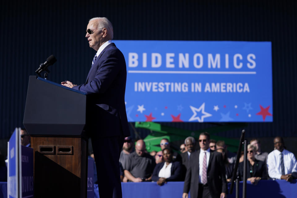 President Joe Biden delivers remarks on clean energy at Tioga Marine Terminal, Friday, Oct. 13, 2023, in Philadelphia. (AP Photo/Evan Vucci)