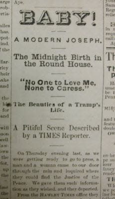 BABY! This is an image of the original headline and subtitles of the story on the "Roundhouse Baby: published in The Hawley Times, October 1, 1875. Frank Woodward was editor.