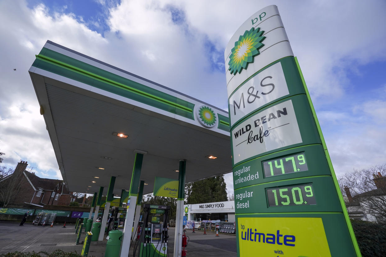 A BP petrol station in Reading, Berkshire. British drivers are facing even greater bills as petrol and diesel prices have reached a new record high. Picture date: Monday February 14, 2022. (Photo by Steve Parsons/PA Images via Getty Images)