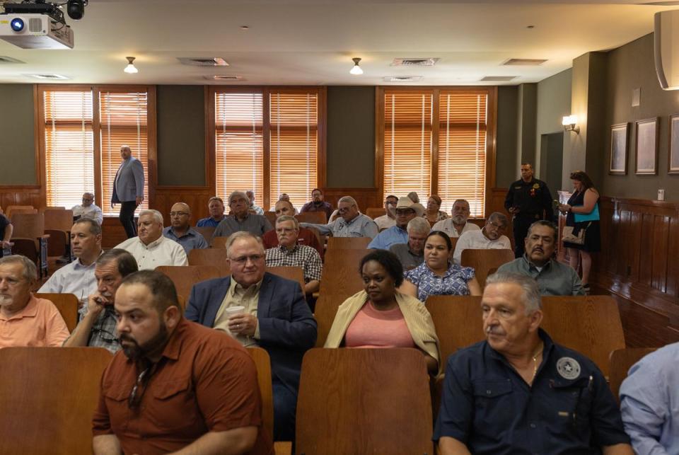 Members of the public listen to Cameron County Judge Eddie Treviño Jr. as he begins to lead a water conservation meeting with various stakeholders across the Rio Grande Valley at the county courthouse on Tuesday, July 16, 2024, in Brownsville, Tx.