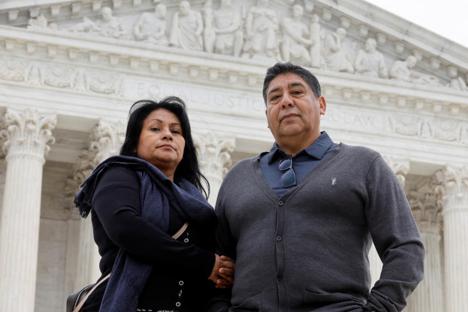 Beatrice Gonzalez and Jose Hernandez, the mother and stepfather of Nohemi Gonzalez, who was fatally shot and killed in a 2015 rampage by Islamist militants in Paris, pose for a portrait outside the U.S. Supreme Court in Washington, U.S., February 16, 2023, days before justices are scheduled hear arguments in Gonzalez v. Google, challenging federal protections for internet and social media companies freeing them of responsibility for content posted by users in a case involving social media giant Google and its subsidiary YouTube, whom they argue bear some responsibility for their daughter’s death. REUTERS/Jonathan Ernst