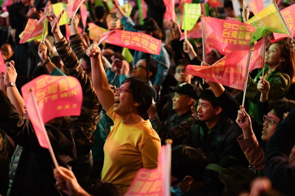 <div class="inline-image__caption"><p>Supporters react to the reelection of Tsai Ing-Wen as President of Taiwan on January 11, 2020 in Taipei, Taiwan. Voters displayed their disapproval of Beijing by opting for a leader who had campaigned on defending their country from China. </p></div> <div class="inline-image__credit">Carl Court/Getty Images</div>