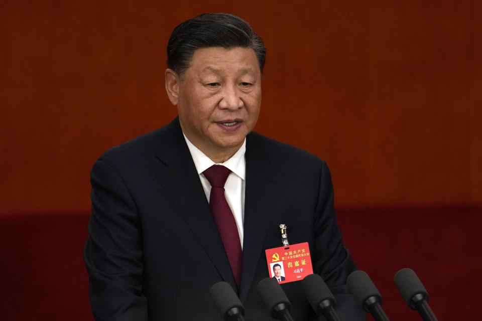 Chinese President Xi Jinping delivers a speech during the opening ceremony of the 20th National Congress of China's ruling Communist Party at the Great Hall of the People in Beijing, China, Sunday, Oct. 16, 2022. China on Sunday opens a twice-a-decade party conference at which leader Xi Jinping is expected to receive a third five-year term that breaks with recent precedent and establishes himself as arguably the most powerful Chinese politician since Mao Zedong. (AP Photo/Mark Schiefelbein)