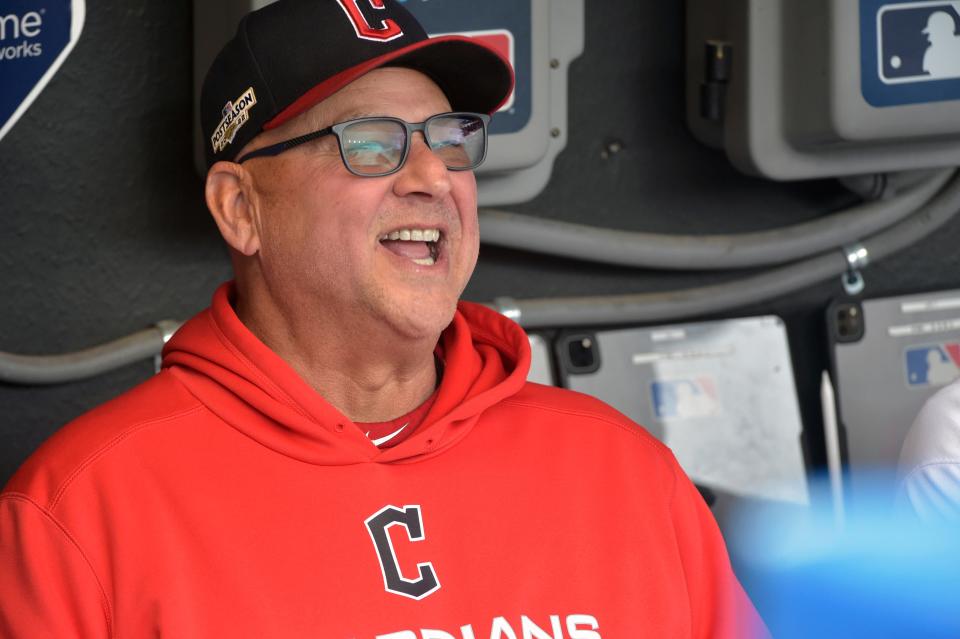 Cleveland Guardians manager Terry Francona shouts from the dugout before a wild card baseball playoff game against the Tampa Bay Rays, Friday, Oct. 7, 2022, in Cleveland. (AP Photo/Phil Long)