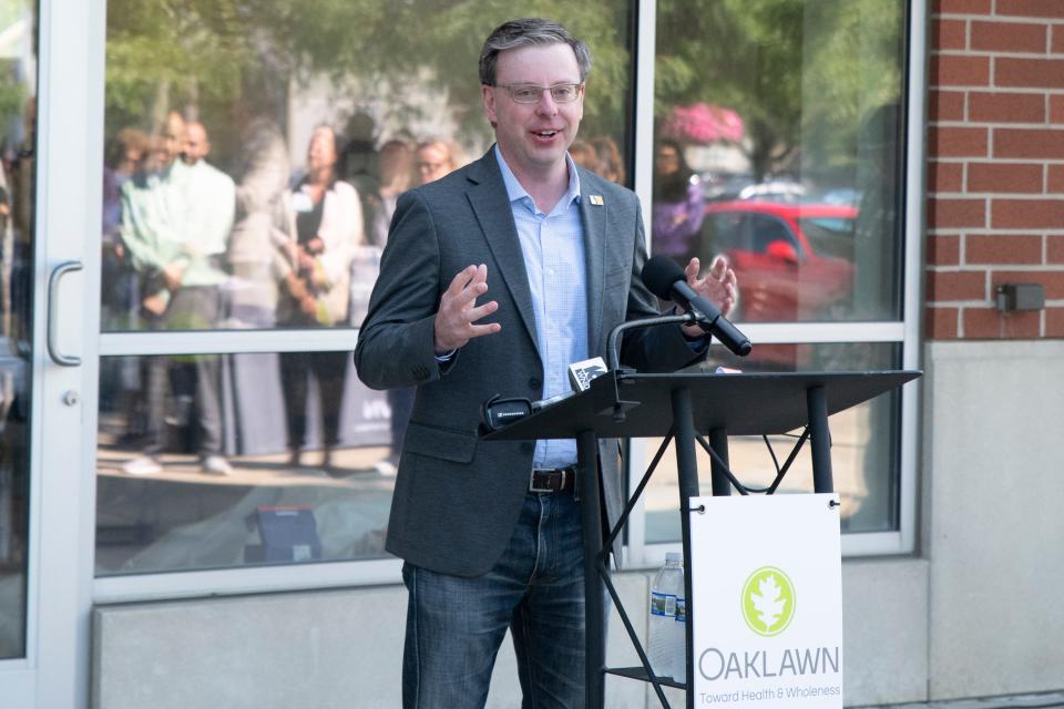 Mayor James Mueller speaks at the groundbreaking of the Oaklawn Crisis Center in South bend on Tuesday August 8, 2023.