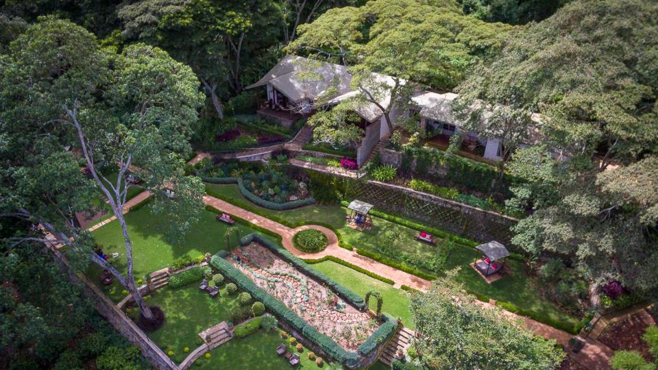 Aerial view of a cottage house at Gibb's Farm, voted one of the best hotels in the world