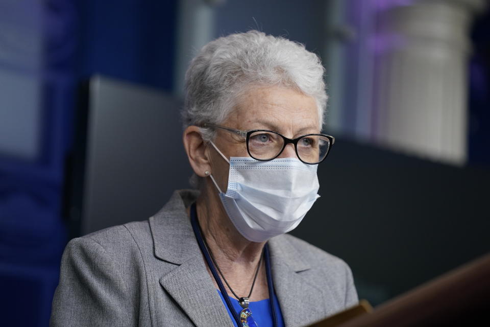 FILE - In this Jan. 27, 2021 file photo, National Climate Adviser Gina McCarthy speaks during a press briefing at the White Housein Washington. (AP Photo/Evan Vucci)