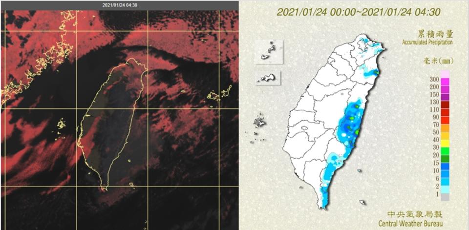 圖：今(24日)晨真實色雲圖顯示，西半部晴朗，東半部有低雲零散分布(左圖)。 4：30累積雨量圖顯示，東半部有局部降雨(右圖)