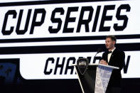 NASCAR Cup Series champion Kyle Larson speaks during the NASCAR Awards, Thursday, Dec. 2, 2021, in Nashville, Tenn. (AP Photo/Mark Humphrey)