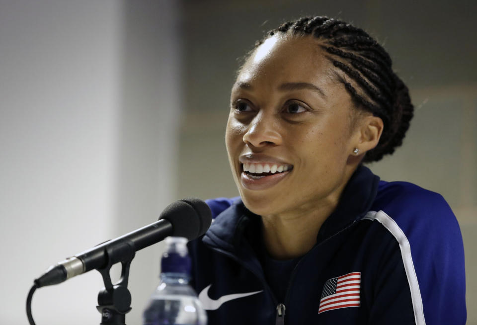 FILE - In this Aug. 3, 2017, file photo, United States' Allyson Felix speaks during a press conference of the U.S. team prior to the World Athletics Championships in London. Early in her career, Allyson Felix would shy away from speaking on controversial subjects. The nine-time Olympic medalist stayed in her lane. Not anymore. Not since the birth of her daughter, Camryn. Felix wants her legacy to be improving maternity rights for athletes over her times and gold medals. "I feel like I'm right where I'm supposed to be," Felix said. "I feel stronger than ever, just with everything I've been through.”(AP Photo/Matthias Schrader, File)