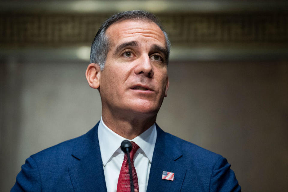 Los Angeles Mayor Eric Garcetti, nominated to be U.S. ambassador to India, testifies during a Senate Foreign Relations Committee confirmation hearing on Tuesday, Dec. 14, 2021. / Credit: Photo By Tom Williams/CQ-Roll Call, Inc via Getty Images