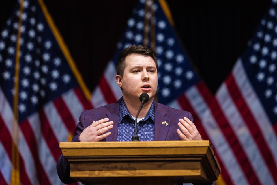 Utah Republican State Party secretary candidate Nicholas Compton speaks during the Utah Republican Party Organizing Convention at Utah Valley University in Orem on April 22, 2023. | Ryan Sun, Deseret News
