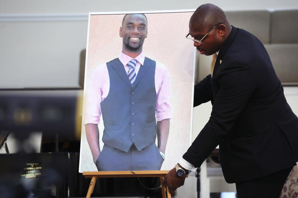 A photo of Tyre Nichols is positioned prior to a press conference (Scott Olson / Getty Images file)