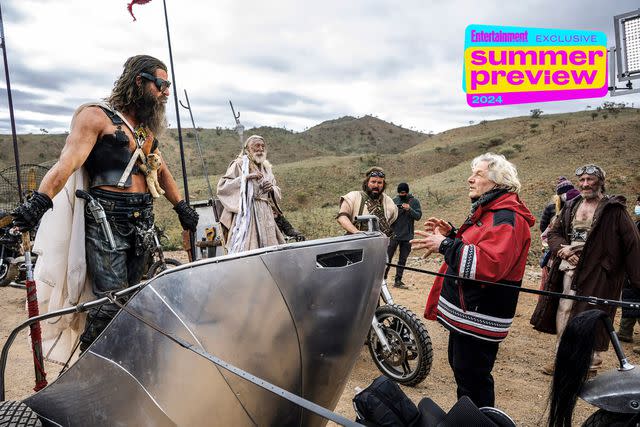 <p>Jasin Boland/Warner Bros.</p> Chris Hemsworth, George Shevtsov, Angus Sampson, and director George Miller on the set of 'Furiosa: A Mad Max Saga'