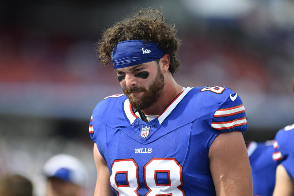 Buffalo Bills tight end Dawson Knox (88) warms up before an NFL football game against the Las Vegas Raiders in Orchard Park, N.Y., Sunday, Sept. 17, 2023. (AP Photo/Adrian Kraus)