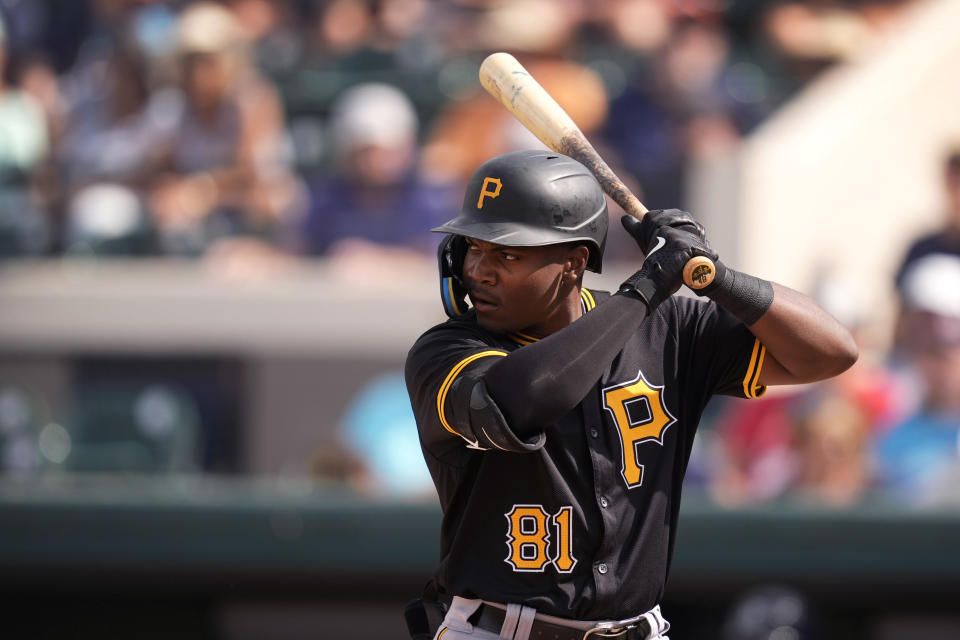 Pittsburgh Pirates second baseman Termarr Johnson bats during the seventh inning of a spring training baseball game against the Detroit Tigers Saturday, March 9, 2024, in Lakeland, Fla. (AP Photo/Charlie Neibergall)