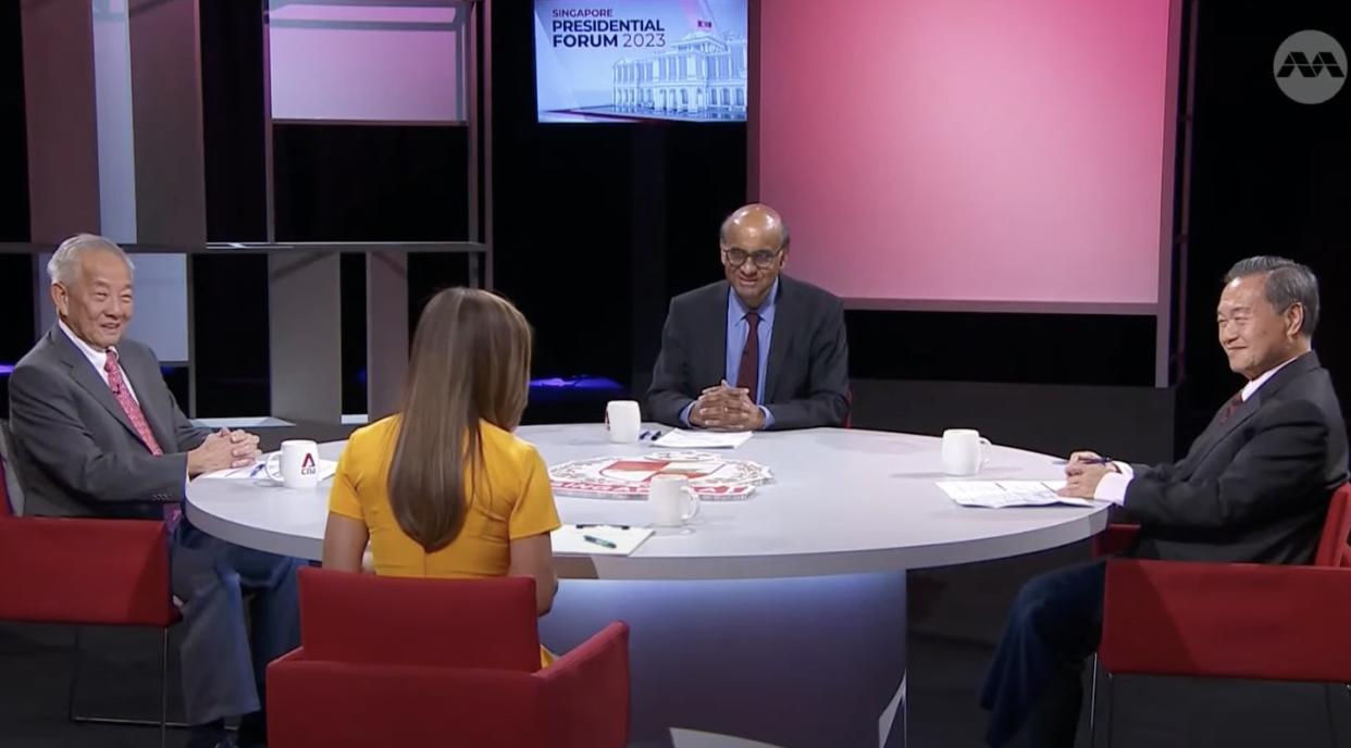 Singapore presidential candidates (from left) Ng Kok Song, Tharman Shanmugaratnam and Tan Kin Lian participate in a televised forum by CNA. (PHOTO: YouTube screenshot)