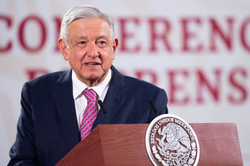 Mexico's President Andres Manuel Lopez Obrador speaks during a news conference at the National Palace in Mexico City