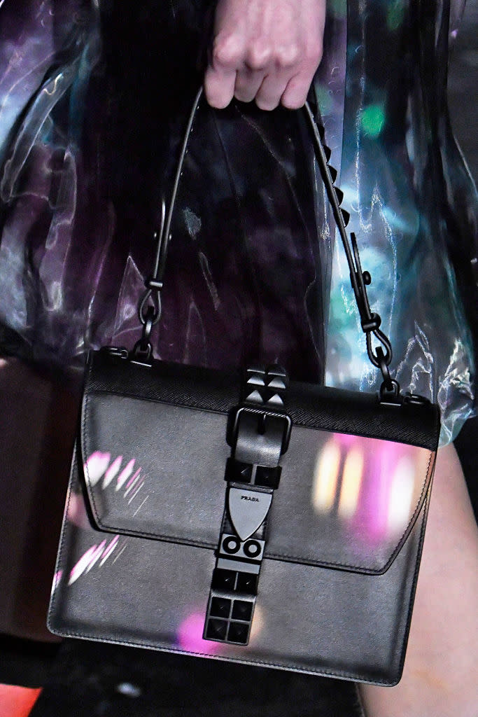 <p>A black studded bag from the Prada FW18 show. (Photo: Getty Images) </p>