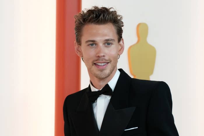 Closeup of Austin Butler in a tux at the Oscars