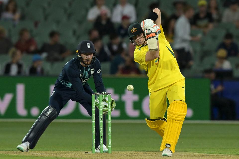 Pictured here, Aussie batter Steve Smith plays a cover drive against England in Adelaide. 