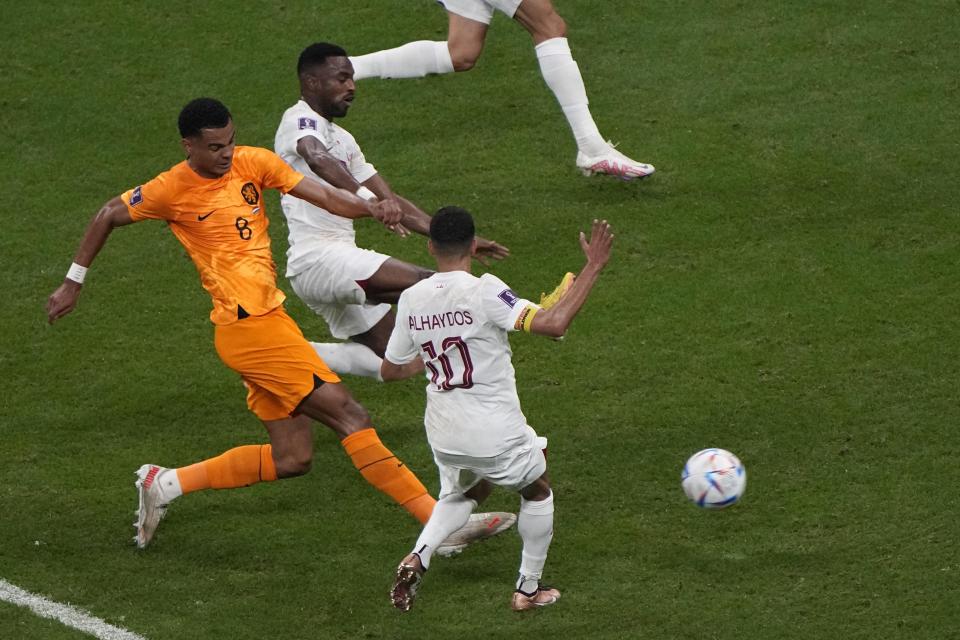 Cody Gakpo of the Netherlands scores his side's first goal during the World Cup group A soccer match between the Netherlands and Qatar, at the Al Bayt Stadium in Al Khor , Qatar, Tuesday, Nov. 29, 2022. (AP Photo/Ariel Schalit)