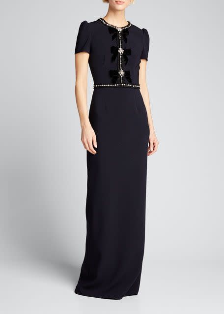 Velvet-Bowed Cap-Sleeve Gown