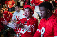 Trae Beauchamp (L) of Oakland, California reacts while watching the San Francisco 49ers play the Kansas City Chiefs during a Super Bowl LIV watch party at SPIN San Francisco on February 2, 2020 in San Francisco, California. The San Francisco 49ers faced the Kansas City Chiefs in Super Bowl LIV for their seventh appearance at the NFL championship, leading the game into half time and losing after 21 unanswered points in the second half of the game. (Photo by Philip Pacheco/Getty Images)