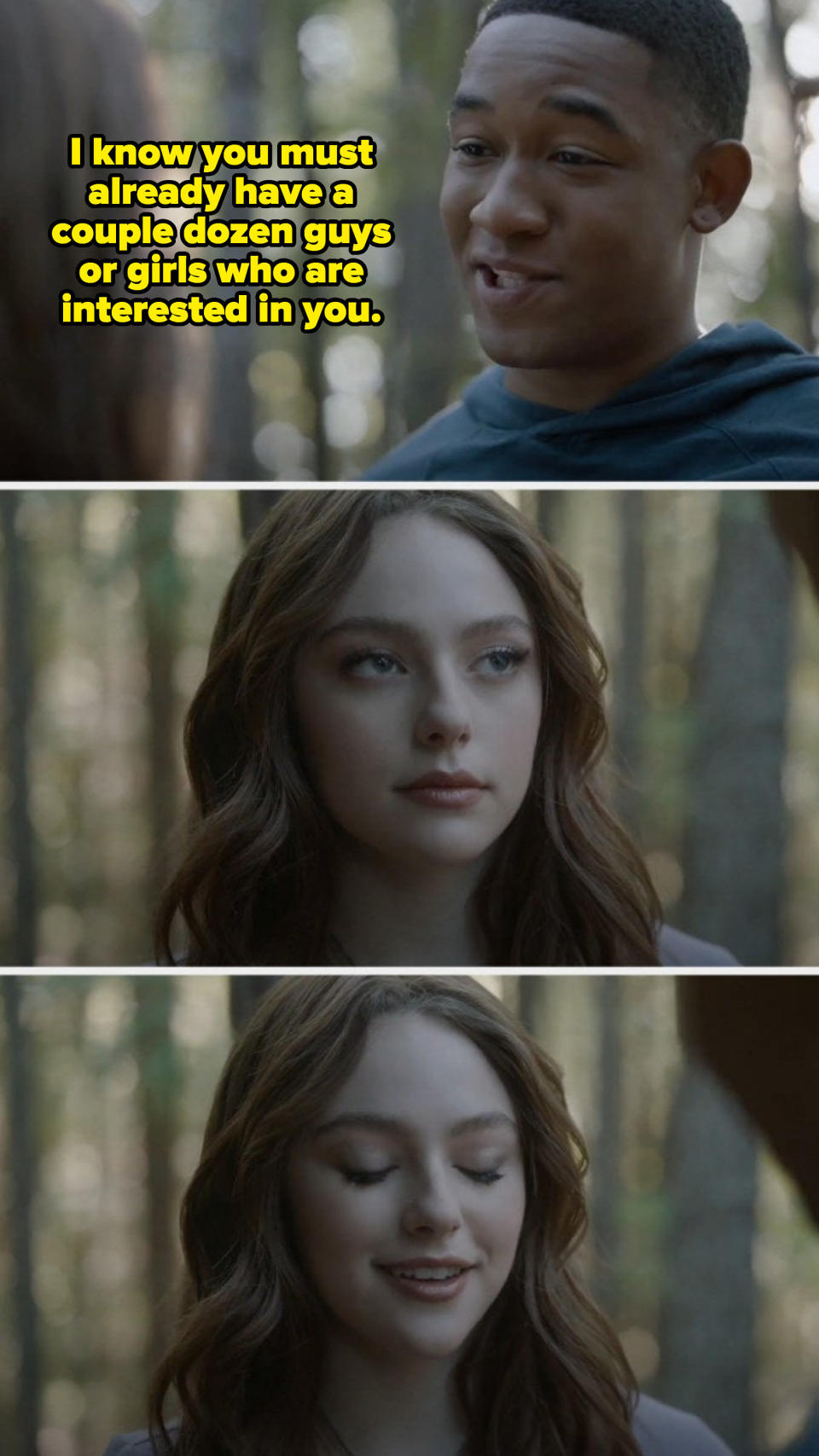 Hope from "Legacies" with caption, "I know you must already have a couple dozen guys or girls that are interested in you"