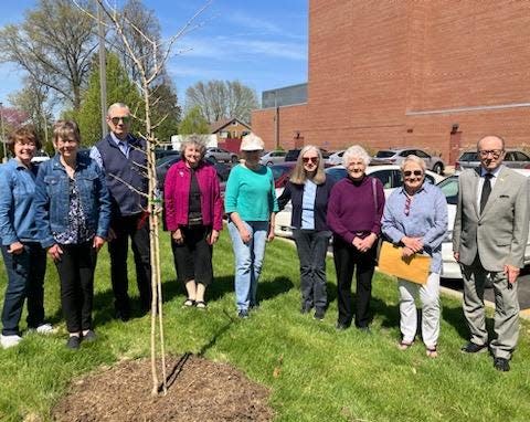 Taking part in the City of Alliance Shade Tree Commission's Arbor Day ceremony were, from left, Kathryn Miller, Pat Stone, Steve Stone, Andrea Ogline, Sue Goris, Gloria Magrath, Shirley Weimer, Leigh Mainwaring and Alliance Mayor Andy Grove