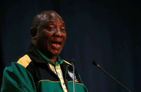Newly elected president of the African National Congress (ANC) Cyril Ramaphosa speaks at the end of the 54th National Conference of the ruling ANC at the Nasrec Expo Centre in Johannesburg, South Africa, December 21, 2017. REUTERS/Siphiwe Sibeko