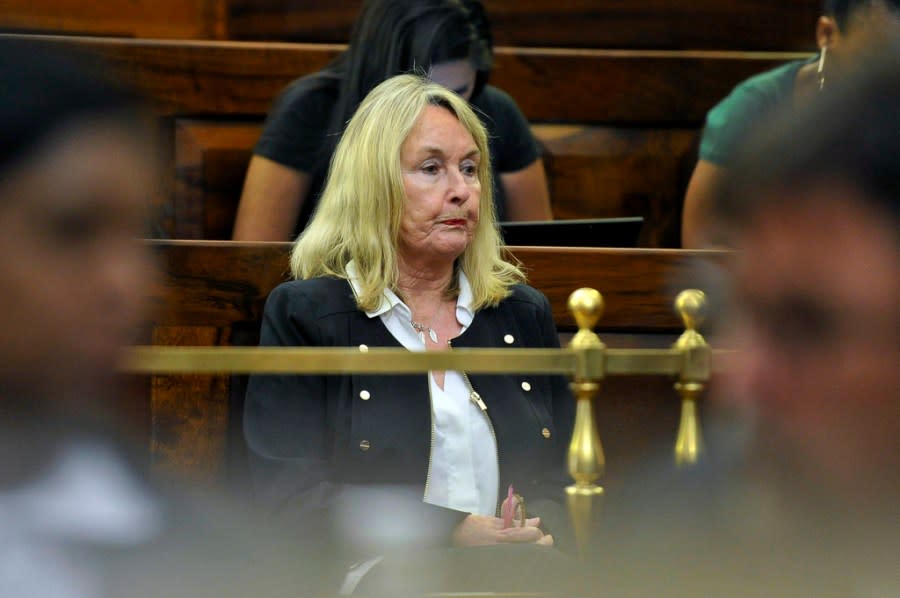 FILE – June Steenkamp, mother of Reeva Steenkamp, inside the High Court of Appeal in Bloemfontein, South Africa, Friday, Nov. 3, 2017. Oscar Pistorius could be granted parole on Friday, Nov. 24, 2023 after nearly 10 years in prison for killing his girlfriend. The double-amputee Olympic runner was convicted of a charge comparable to third-degree murder for shooting Reeva Steenkamp in his home in 2013. He has been in prison since late 2014. (AP Photo, File)